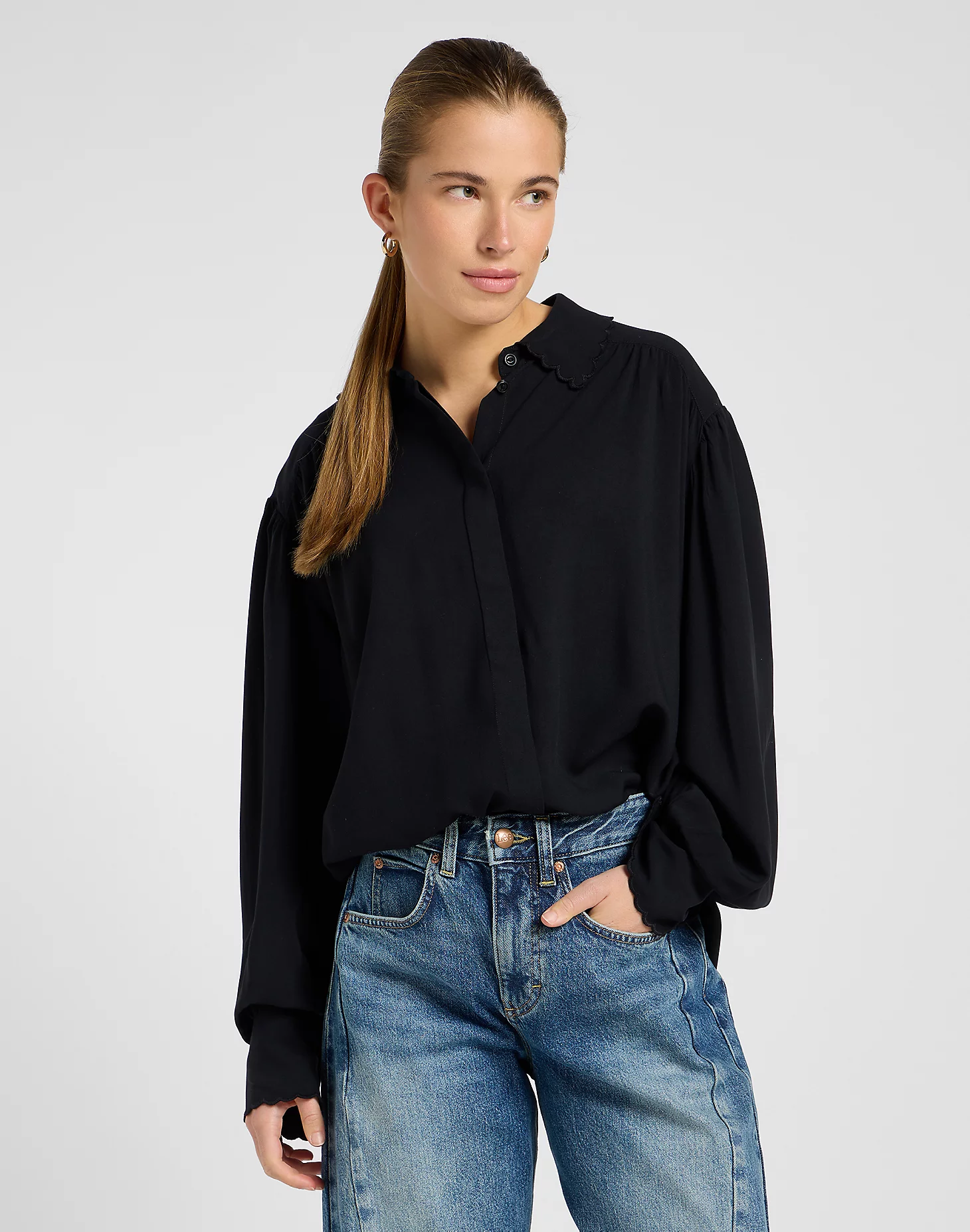 lee jeans statment collar shirt black svart skjorta viskos 112371292
