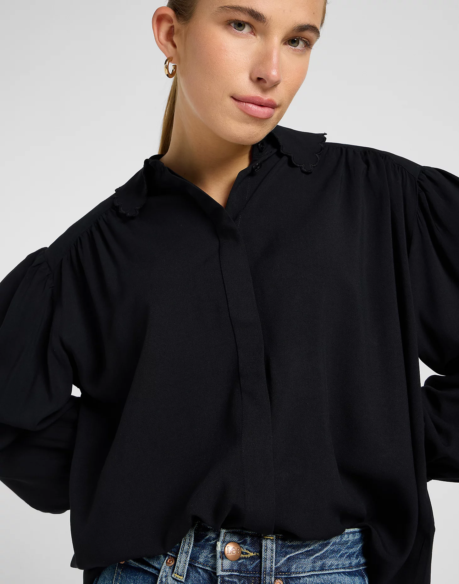 lee jeans statment collar shirt black svart skjorta viskos 112371292