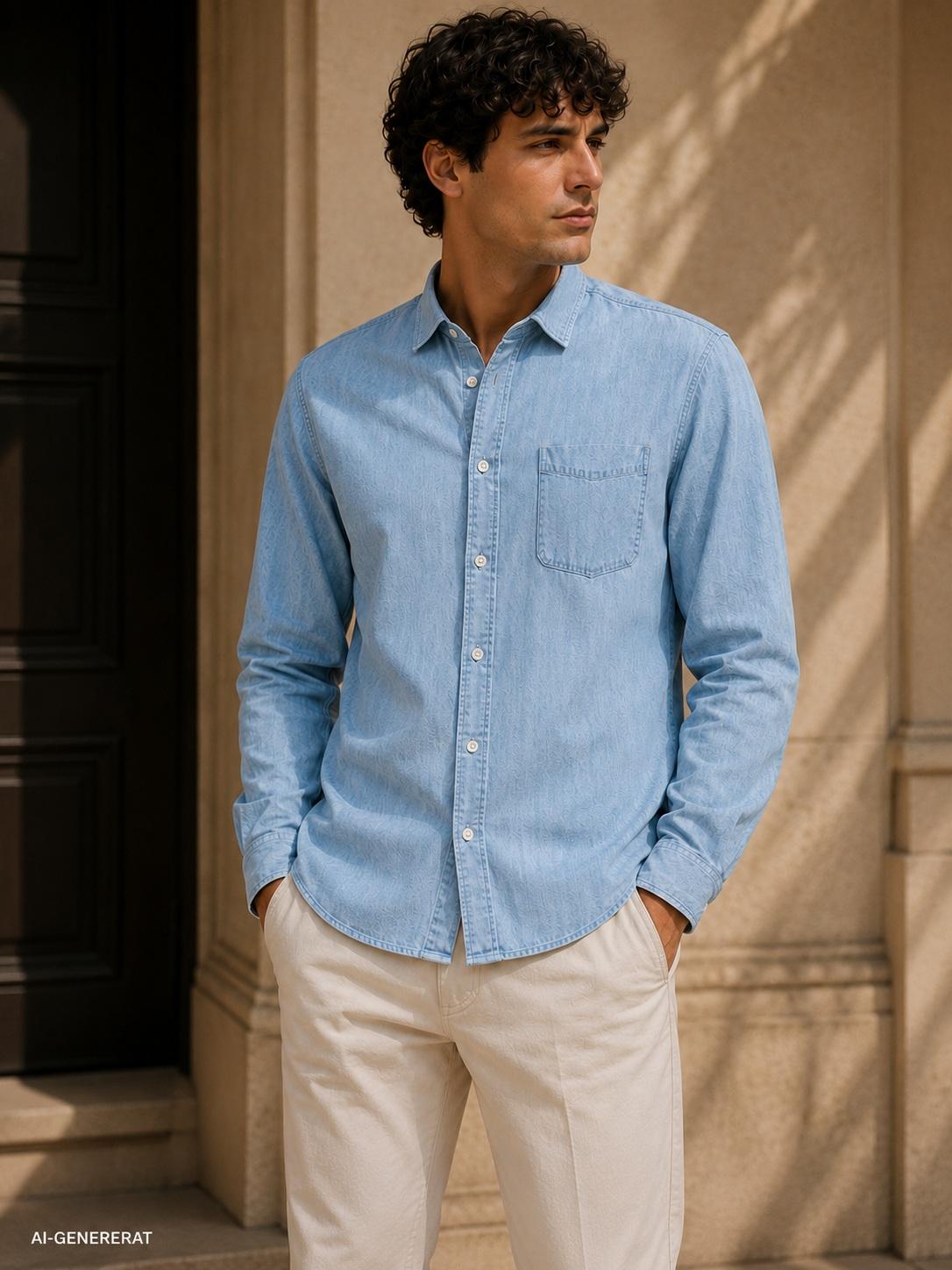 Les deux skjorta chambray shirt bomull ficka fram 1002574