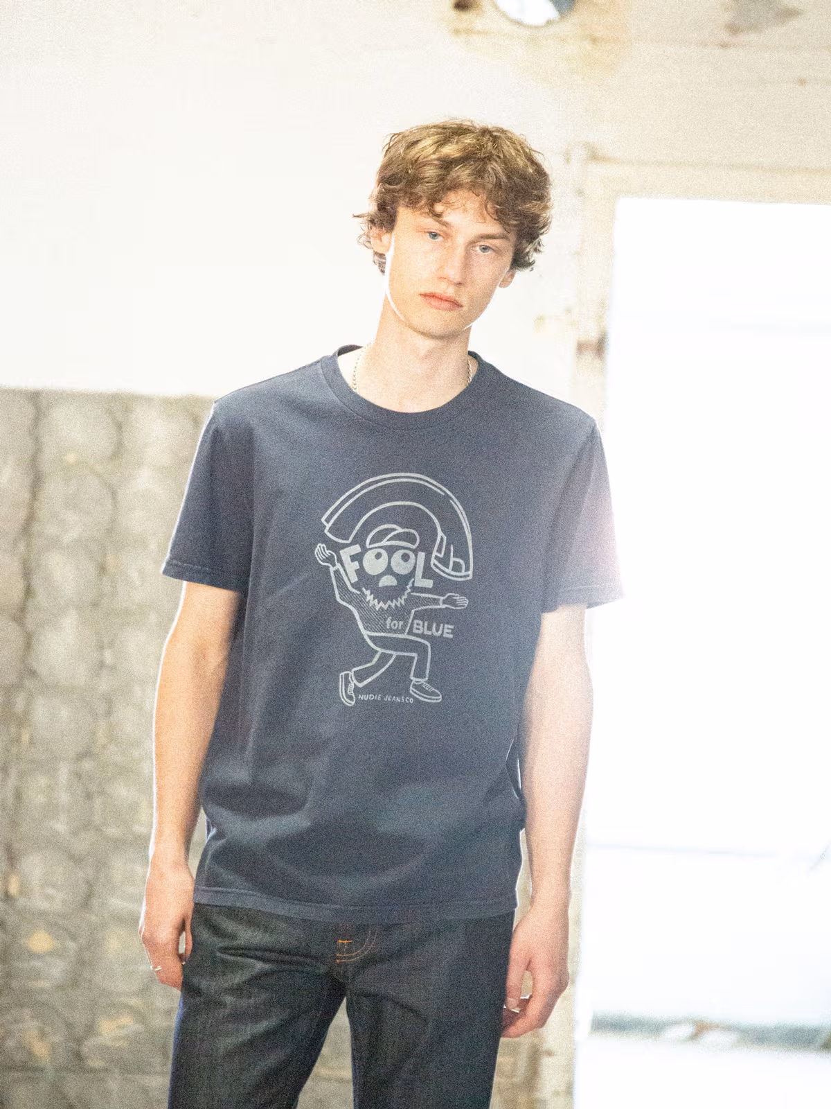 nudie jeans roy t-shirt tee blå tvättad tryck ekologisk bomull 132028